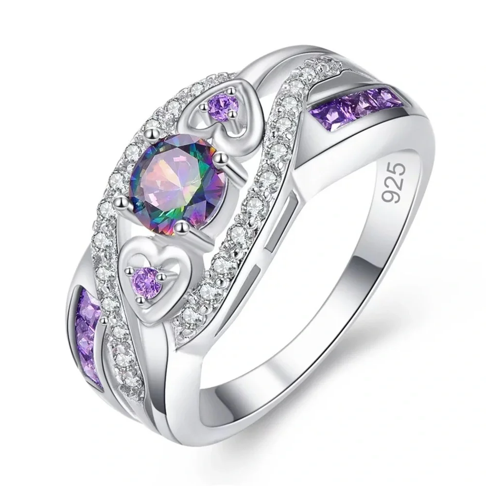 New 925 Silver Romantic Hearts Amethyst Ring
